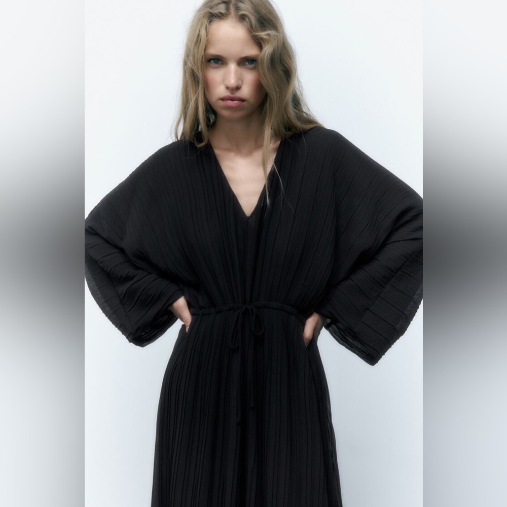Zara Pleated V-Neck Dress, Black, Size L